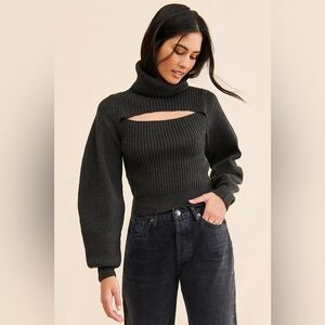 Free People Ariel Cut Out Turtleneck Pullover Sweater Balloon Sleeve Carbon Copy